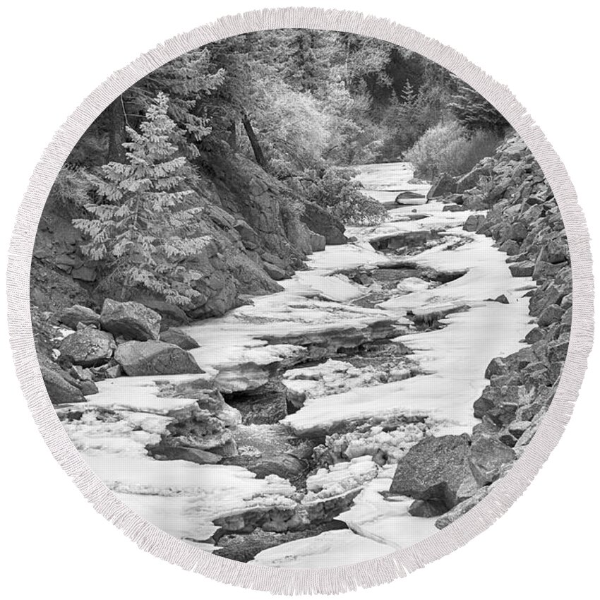 Winter Round Beach Towel featuring the photograph Frozen Boulder Creek Boulder Canyon Colorado BW by James BO Insogna