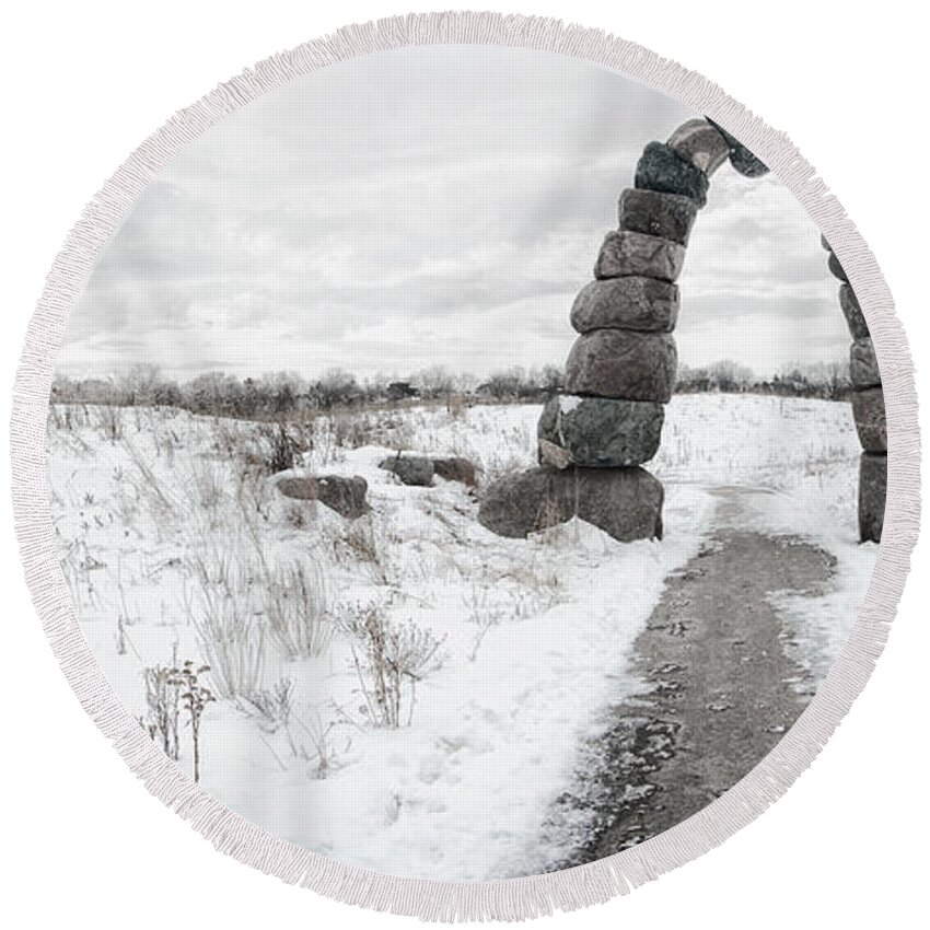 Snow Round Beach Towel featuring the photograph Frozen Stone Arch by Scott Norris