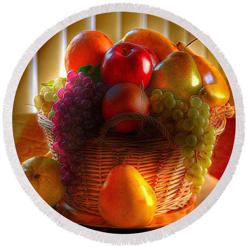 Still Life Round Beach Towel featuring the photograph Fruit Basket by Kathy Baccari