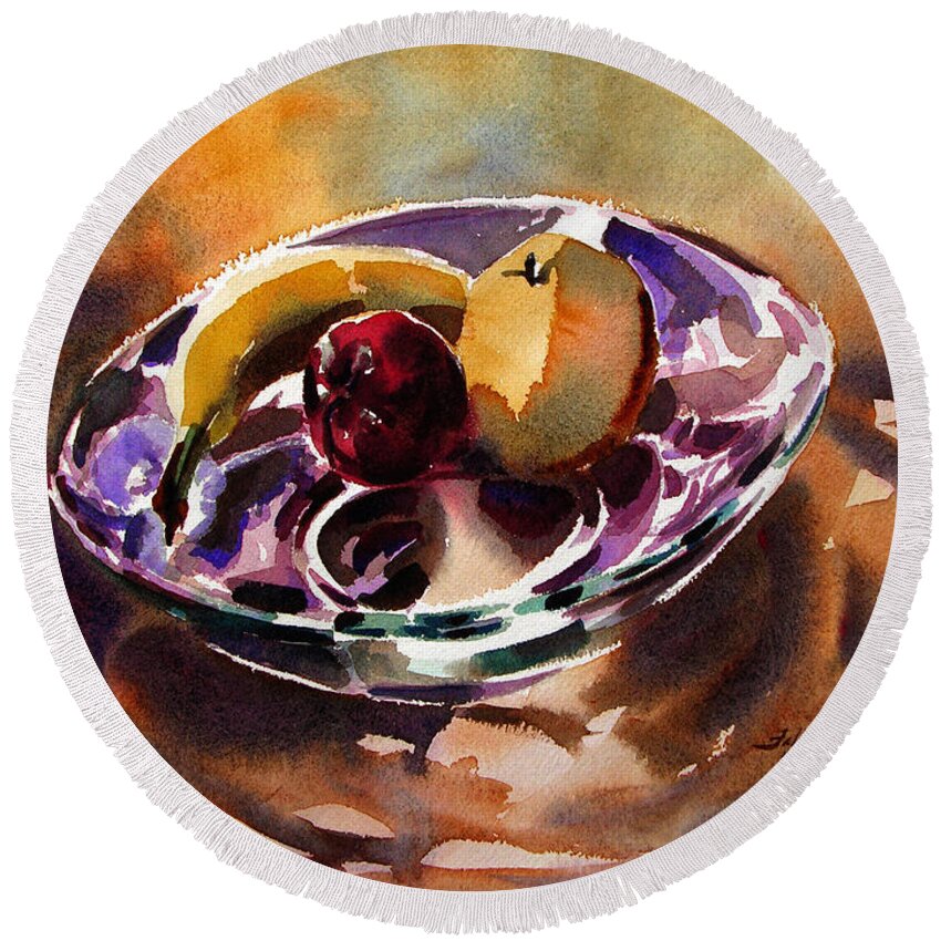 Original Paintings Round Beach Towel featuring the painting Fruit in a glass bowl by Julianne Felton 2-16-14 by Julianne Felton