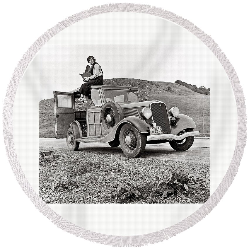 Fsa Photographer Dorothea Lange With Her Car And Large Format Camera Circa 1936 Round Beach Towel featuring the photograph FSA photographer Dorothea Lange with her car and large format camera circa 1936-2014 by David Lee Guss