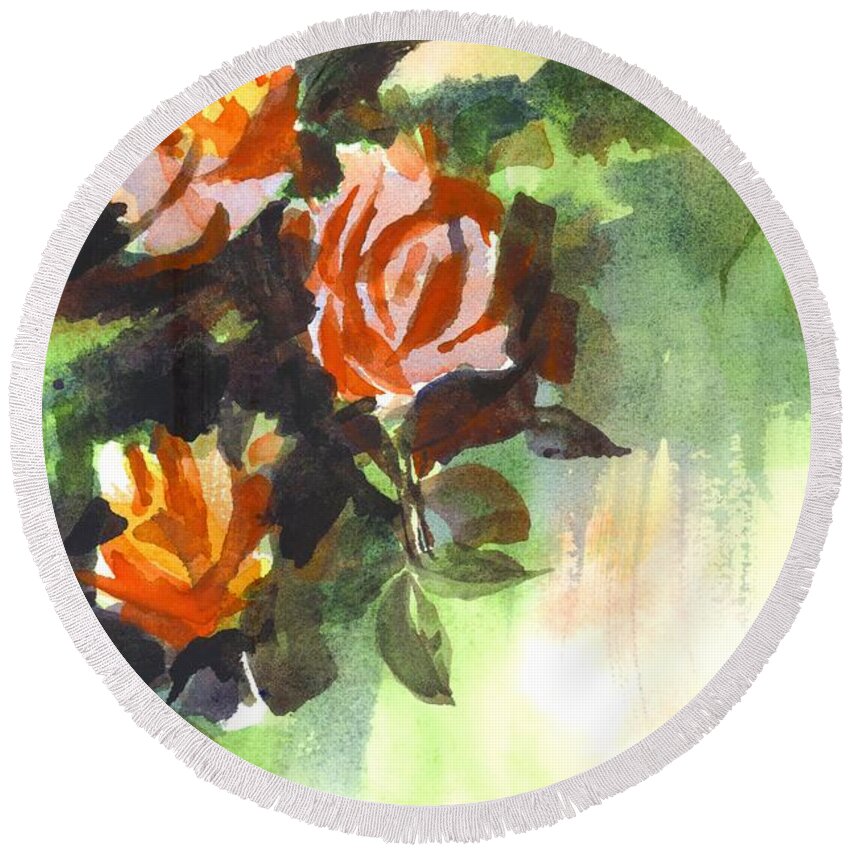 Fugitive Red Roses Round Beach Towel featuring the painting Fugitive Red Roses by Kip DeVore
