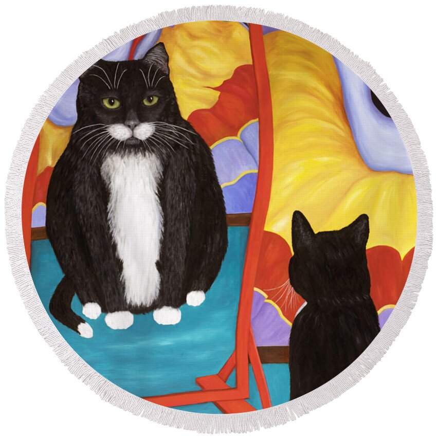 Cat Art Round Beach Towel featuring the painting Fun House Fat Cat by Karen Zuk Rosenblatt