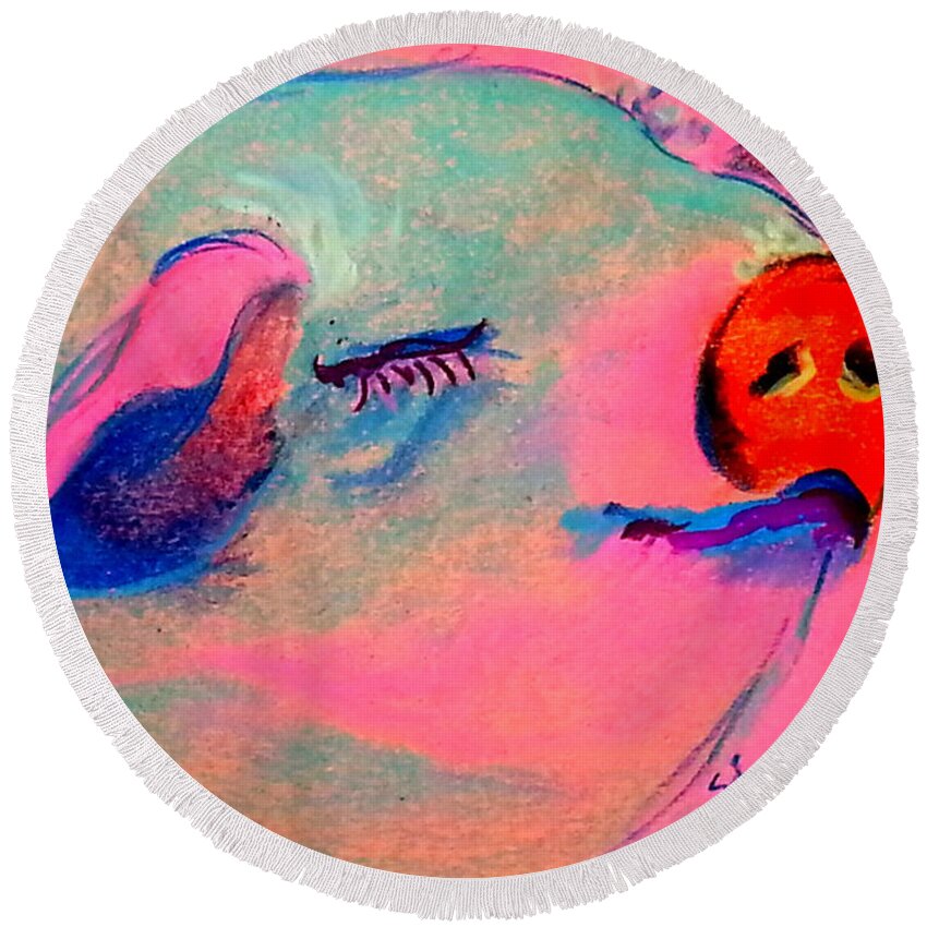 Animals Round Beach Towel featuring the painting Funky Piggy Pink by Sue Jacobi