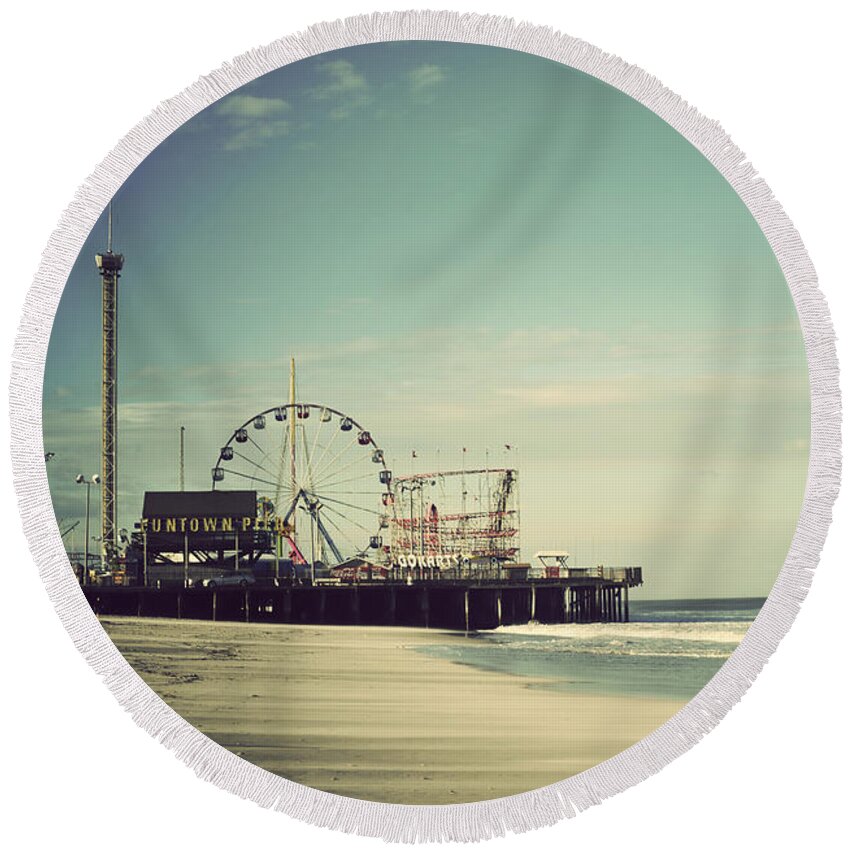 Funtown Pier Round Beach Towel featuring the photograph Funtown Pier Seaside Heights New Jersey Vintage by Terry DeLuco