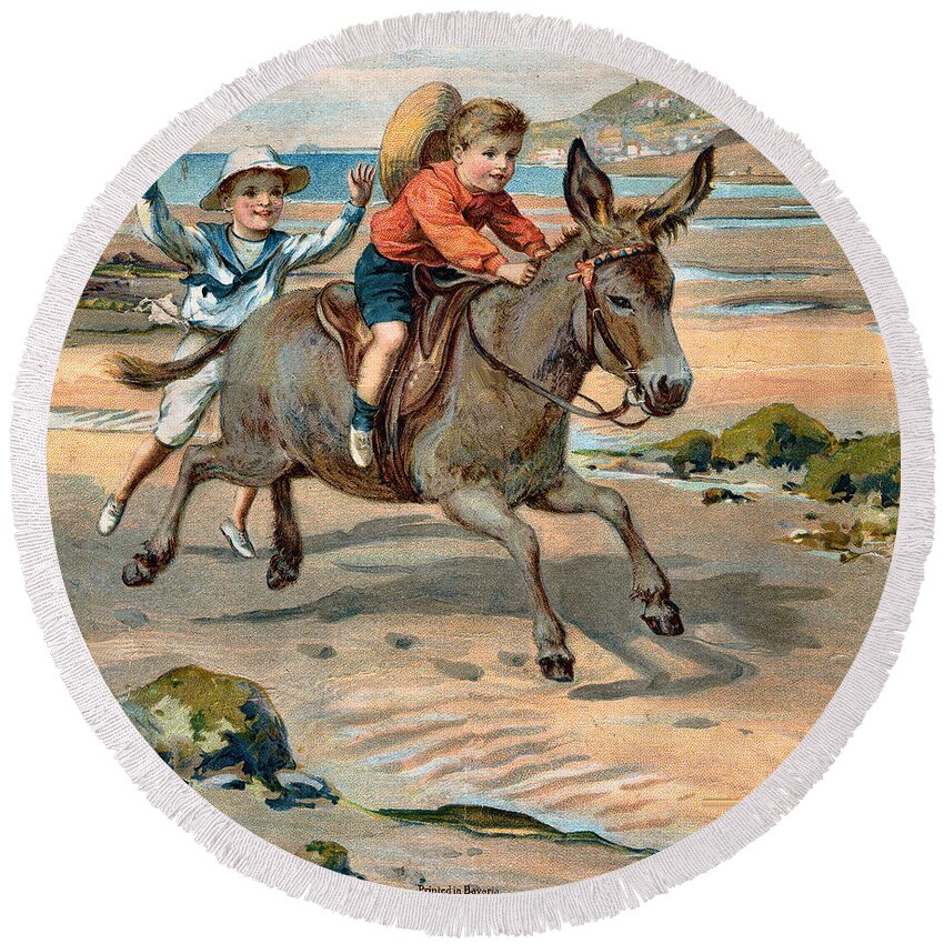 Little Girl At The Beach Round Beach Towel featuring the digital art Galloping Donkey At The Beach by Unknown