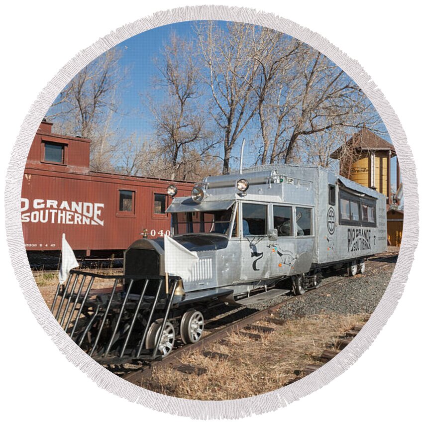 Colorado Round Beach Towel featuring the photograph Galloping Goose 7 in the Colorado Railroad Museum by Fred Stearns
