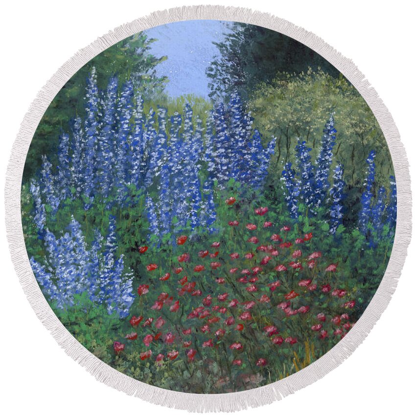 Blue Flowers In Garden Round Beach Towel featuring the pastel Garden Delphiniums by Ginny Neece