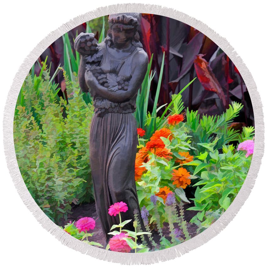 Garden Sculpture Round Beach Towel featuring the photograph Girl with Grapes Statute in Garden by Ginger Wakem