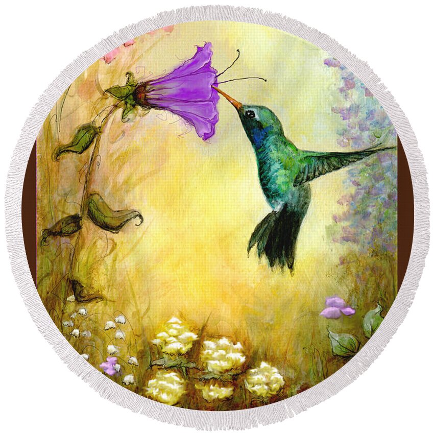 Hummingbird Round Beach Towel featuring the mixed media Garden Guest in Brown by Terry Webb Harshman
