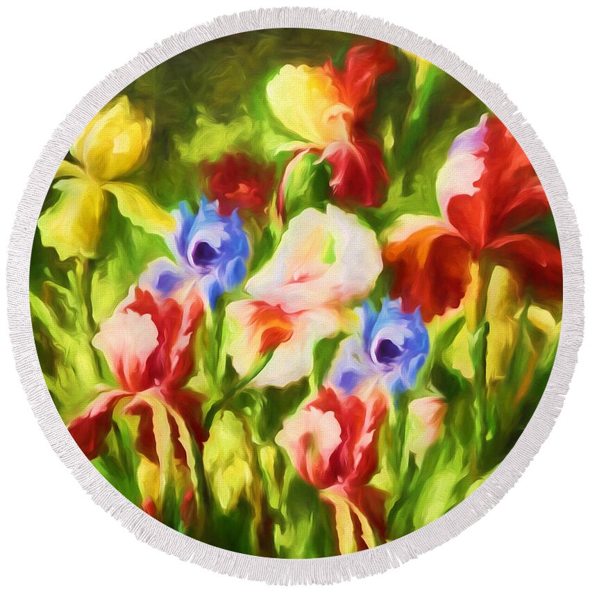 Iris Round Beach Towel featuring the painting Garden Of Blooms by Georgiana Romanovna