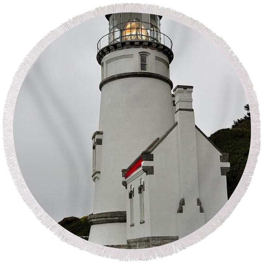 Lighthouse; Florence Oregon; Heceta Head Lighthouse; Florence; Oregon; Beacon Round Beach Towel featuring the photograph Gardian Light Of The Sea by Image Takers Photography LLC - Laura Morgan