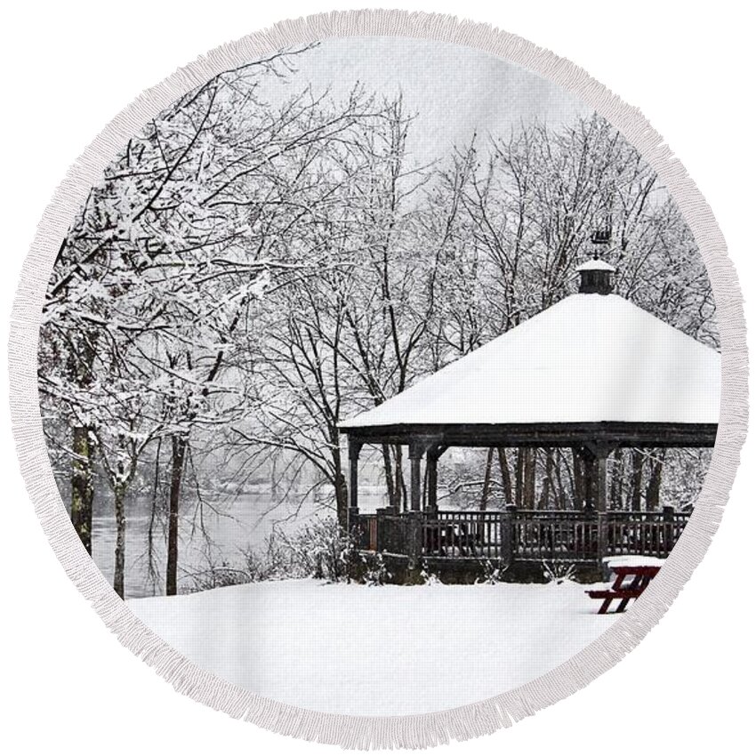 Maine Round Beach Towel featuring the photograph Gazebo in the Snow by Karin Pinkham