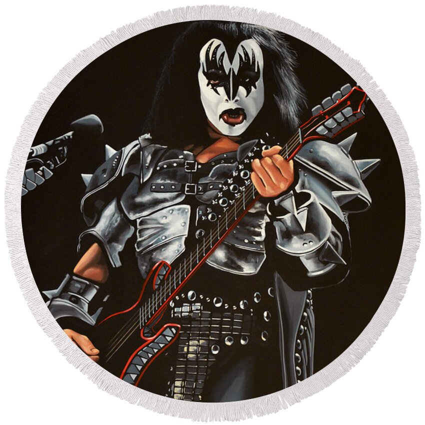 Kiss Round Beach Towel featuring the painting Gene Simmons of Kiss by Paul Meijering