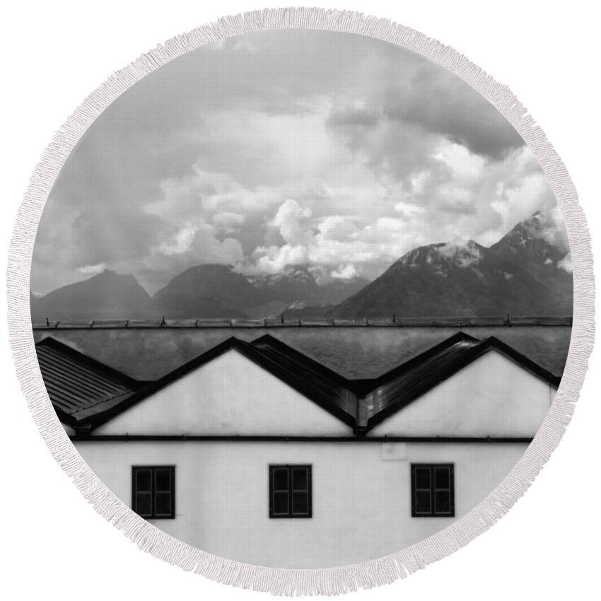 Austria Landscape Round Beach Towel featuring the photograph Geometric Architecture in Black and White by Brooke T Ryan