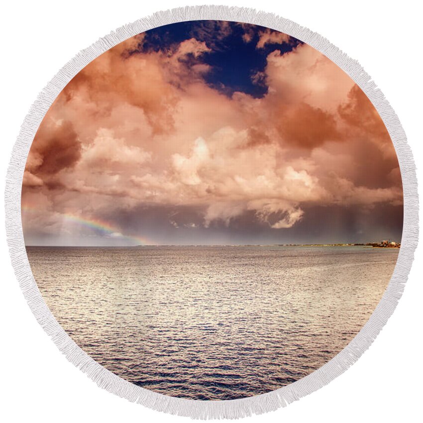Grand Cayman Round Beach Towel featuring the photograph George town-Grand Cayman rainbow after the storm by Eti Reid