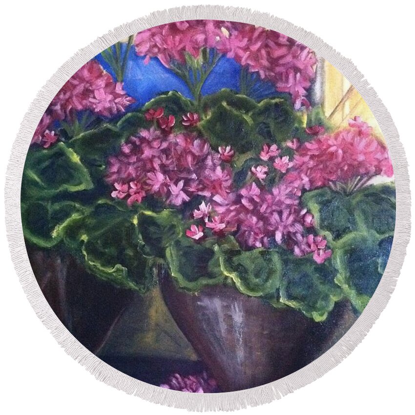 Orchards Round Beach Towel featuring the painting Geraniums Blooming by Sherry Harradence