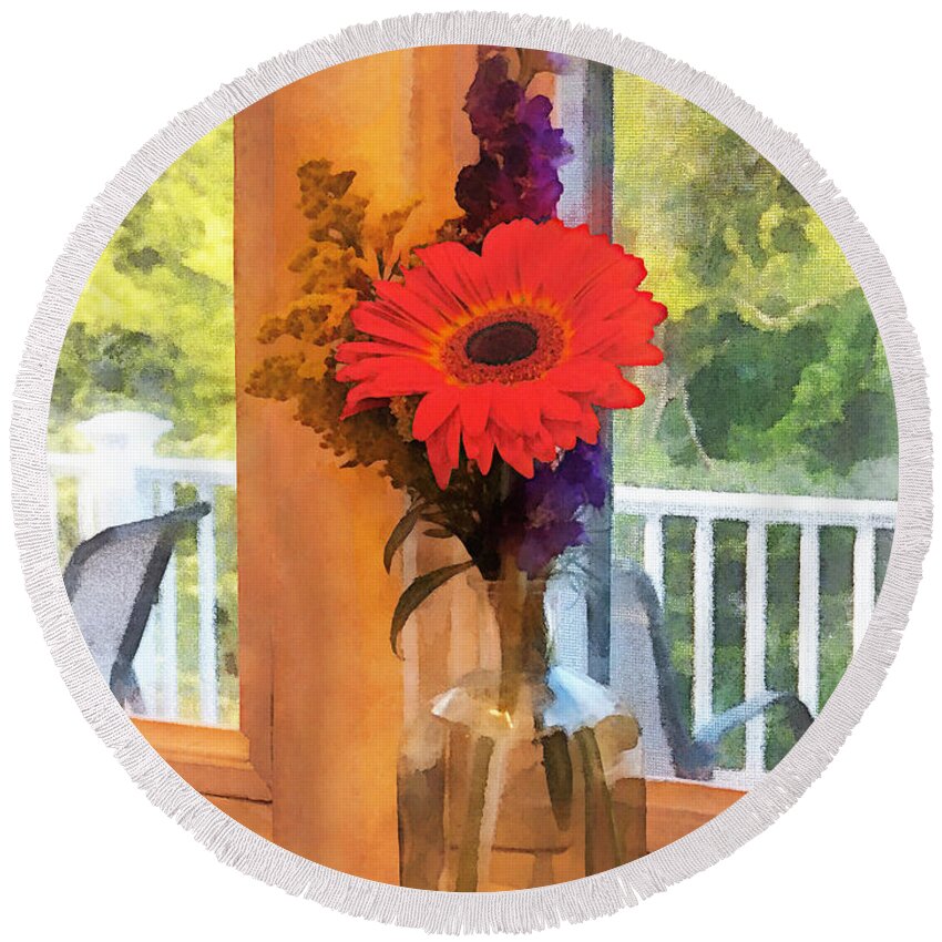 Daisy Round Beach Towel featuring the photograph Gerbera Daisy by Kitchen Window by Susan Savad