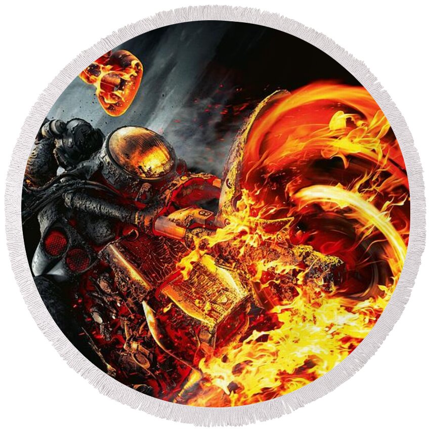 Ghost Rider Round Beach Towel featuring the digital art Ghost Rider and Bike by Movie Poster Prints