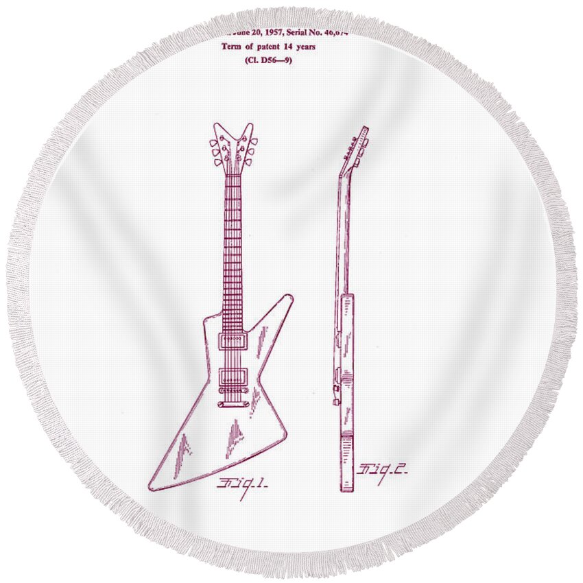 Music Round Beach Towel featuring the digital art Gibson Explorer Guitar Patent by Georgia Clare
