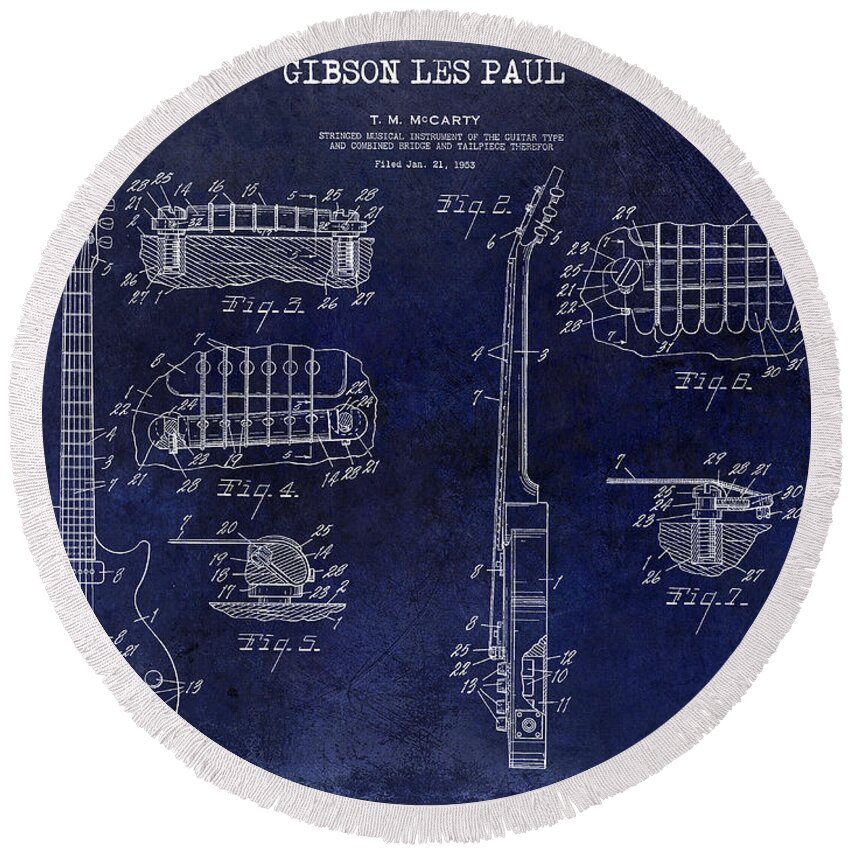 Gibson Round Beach Towel featuring the photograph Gibson Les Paul Patent Drawing Blue by Jon Neidert