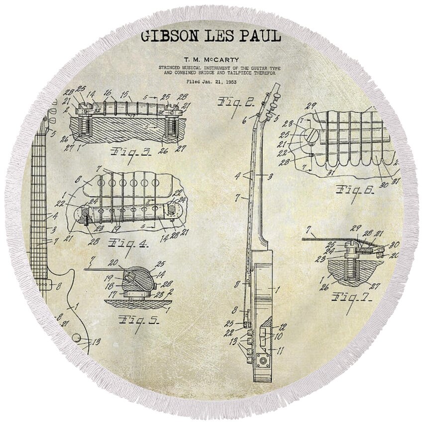 Gibson Round Beach Towel featuring the photograph Gibson Les Paul Patent Drawing by Jon Neidert