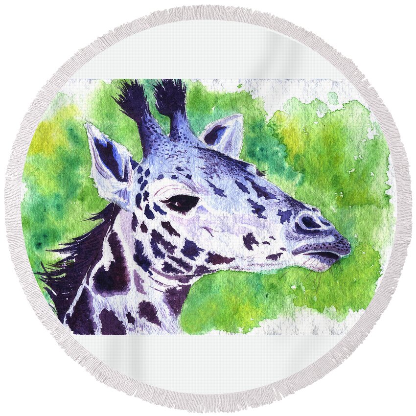 Giraffe Zoo Animals Purple Green Cute Round Beach Towel featuring the painting Giraffe by Brenda Salamone