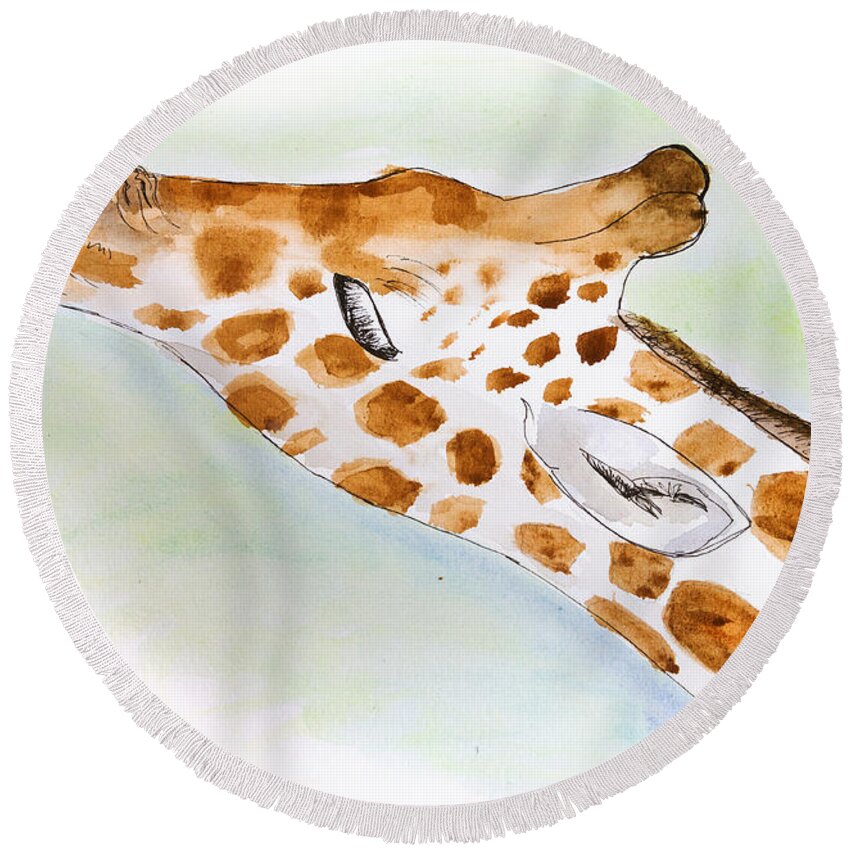 Watercolor Round Beach Towel featuring the painting Giraffe With Tongue Out by Pati Photography