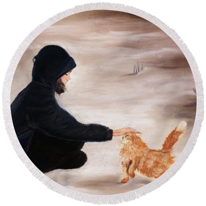 Malakhova Round Beach Towel featuring the painting Girl and a Cat by Anastasiya Malakhova