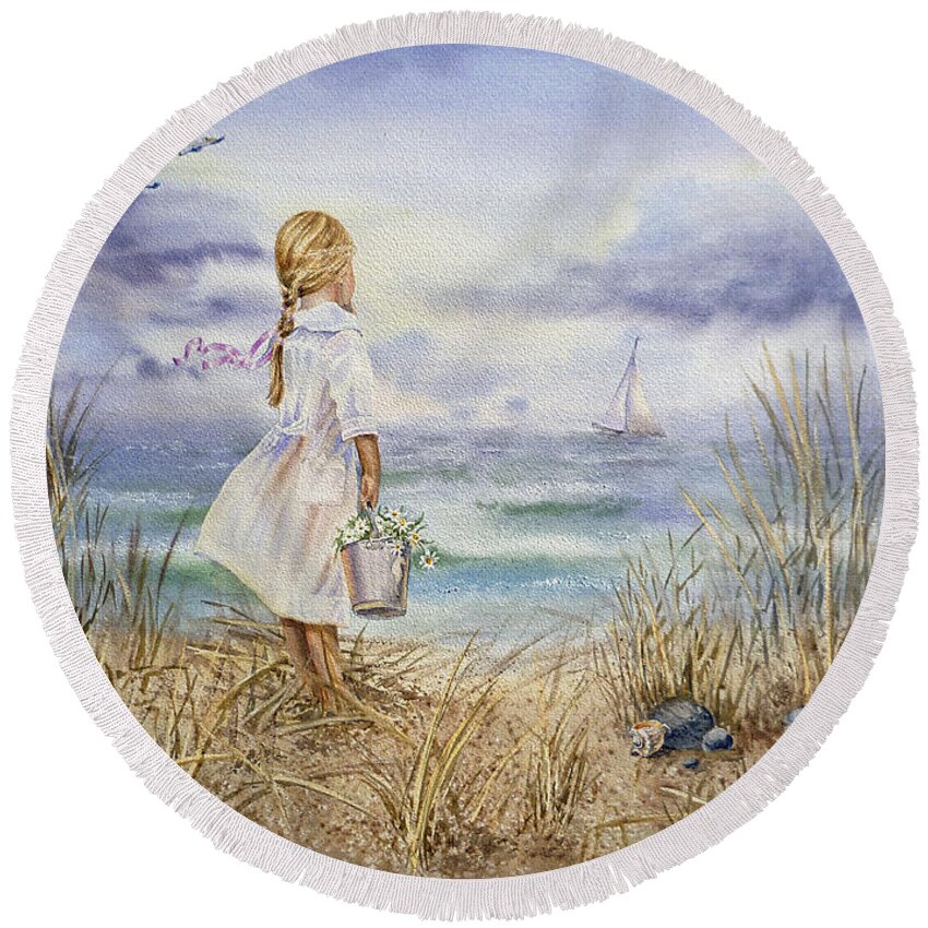 Girl Round Beach Towel featuring the painting Girl At The Ocean by Irina Sztukowski