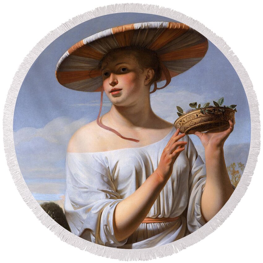Caesar Van Everdingen Round Beach Towel featuring the painting Girl in a Large Hat by Caesar van Everdingen