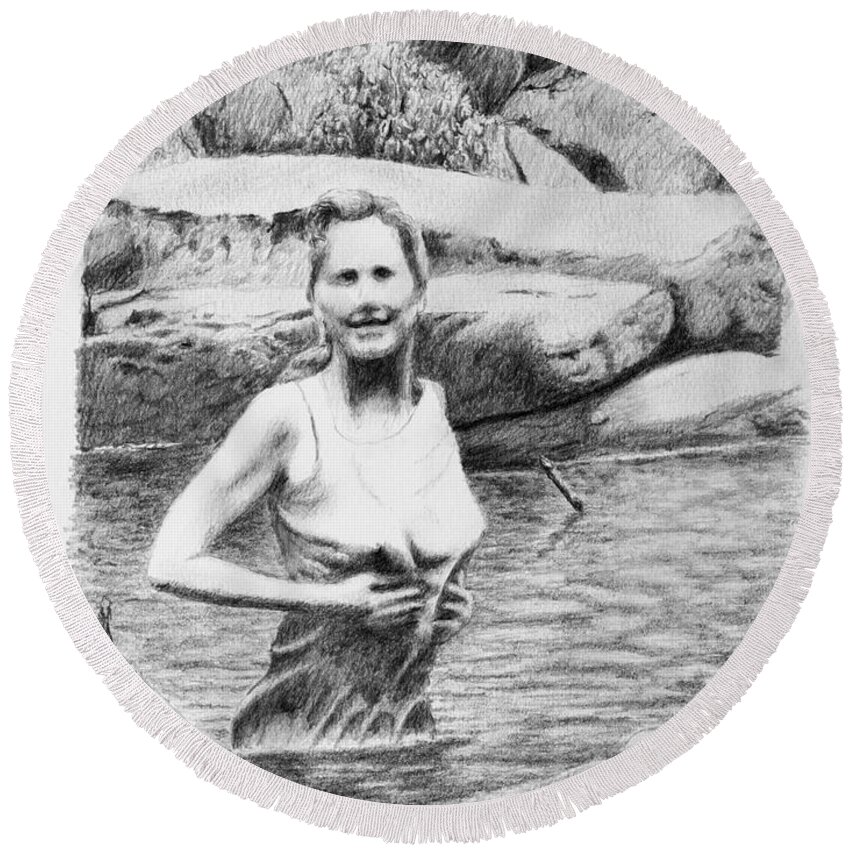 Girl Round Beach Towel featuring the drawing Girl In Savage Creek by Daniel Reed