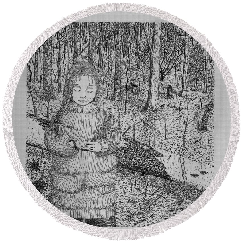 Girl Round Beach Towel featuring the drawing Girl In The Forest by Daniel Reed