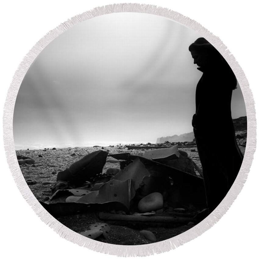 Black And White Round Beach Towel featuring the photograph Girl on the Beach by Gunnar Orn Arnason