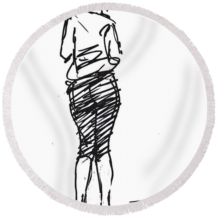 Girl Round Beach Towel featuring the drawing Girl Sketch by Ylli Haruni