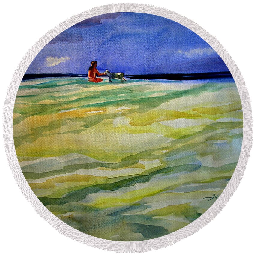 Beach Watercolors Round Beach Towel featuring the painting Girl with dog on the beach by Julianne Felton