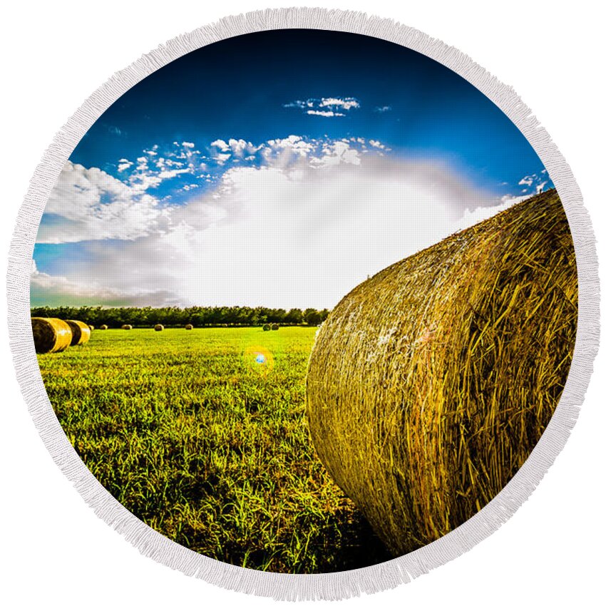 Landscape Round Beach Towel featuring the photograph Give me More Hay Bale by David Morefield