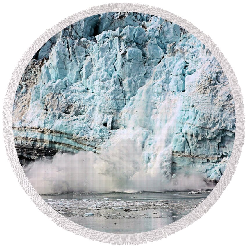 Glacier Round Beach Towel featuring the photograph Glacier Calving Margerie by Kristin Elmquist