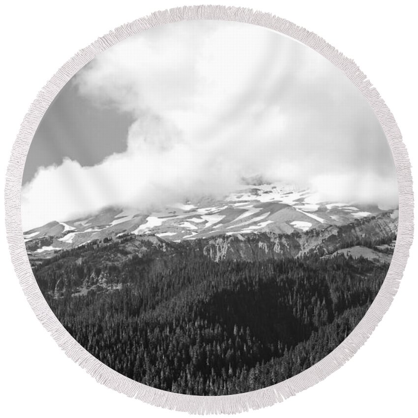 Mount Rainier Round Beach Towel featuring the photograph Glaciers in the Clouds BW. Mt. Rainier National Park by Connie Fox