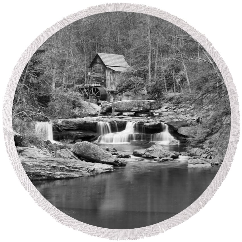 Glade Creek Black And White Round Beach Towel featuring the photograph Glade Creek Grist Mill In Black And White by Adam Jewell