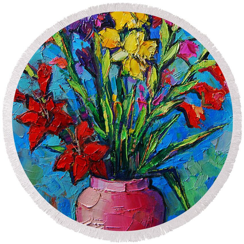 Gladioli In A Vase Round Beach Towel featuring the painting Gladioli In A Vase by Mona Edulesco