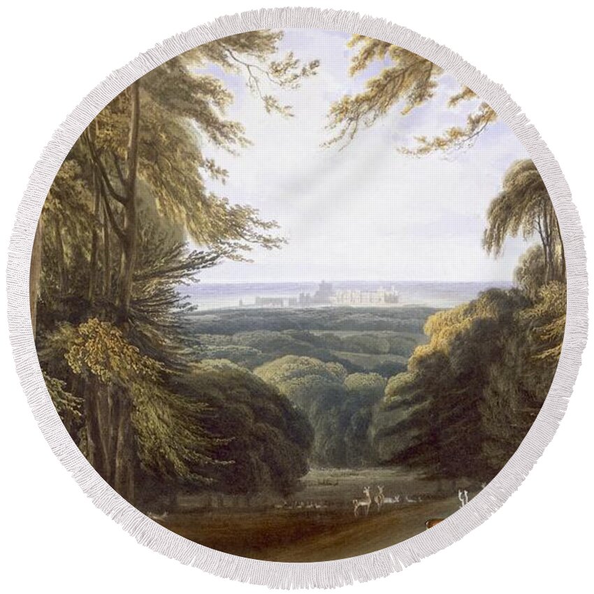 Britain Round Beach Towel featuring the painting Glen In Windsor Park Near Bishops Gate by William Daniell