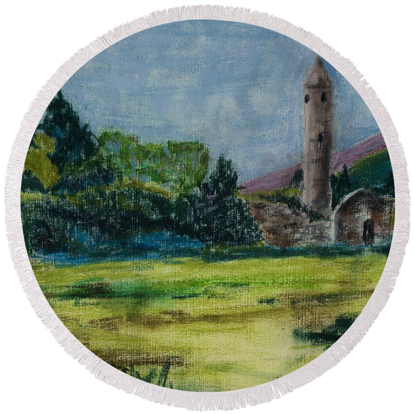 Ireland Round Beach Towel featuring the painting Glendalough by Mary Benke
