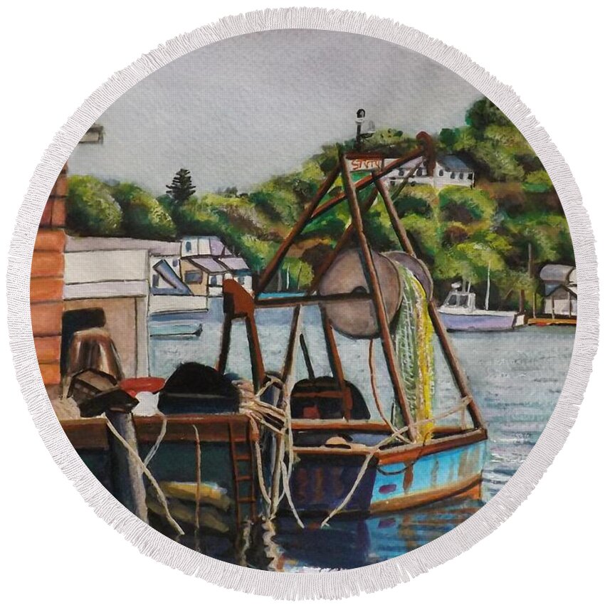 Gloucester Round Beach Towel featuring the painting Gloucester Boat by Richard Nowak