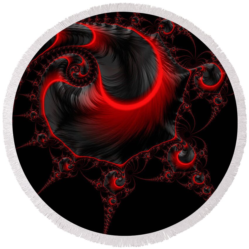Red Round Beach Towel featuring the digital art Glowing red and black abstract fractal art by Matthias Hauser