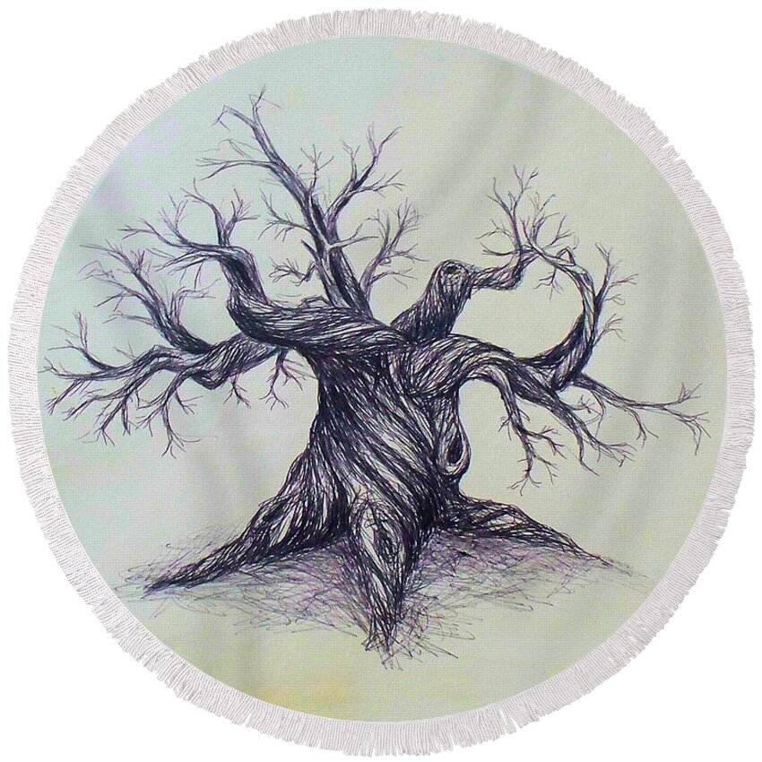 Gnarled Tree Pen Ink Paper Austin Texas Round Beach Towel featuring the drawing Gnarled Tree by Troy Caperton