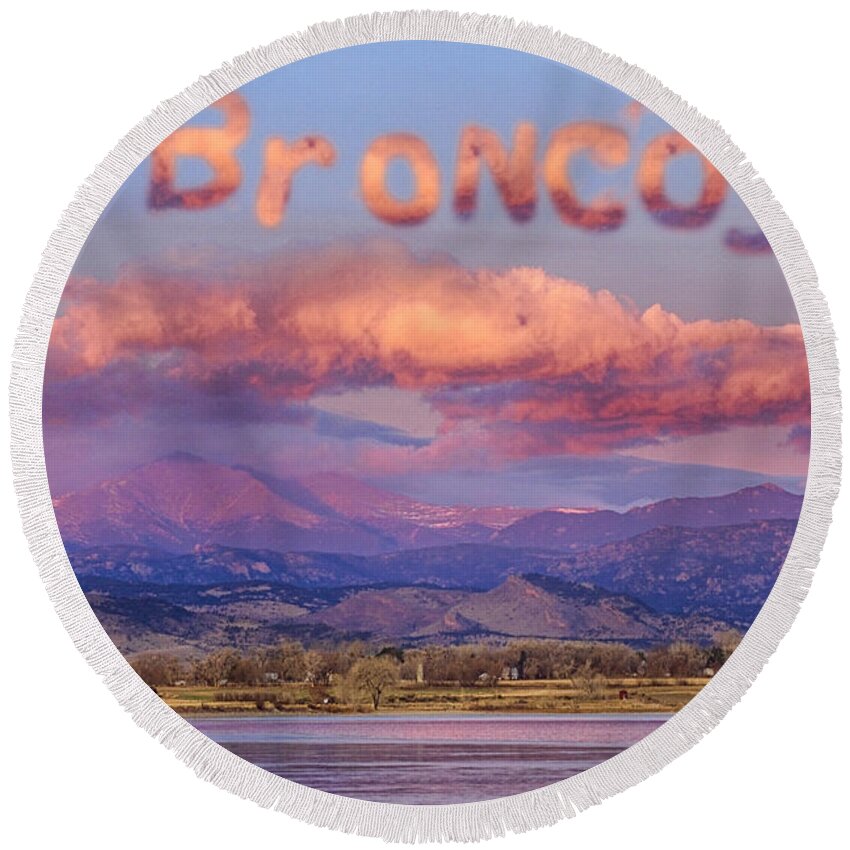 Go Broncos Round Beach Towel featuring the photograph Go Broncos Colorado Front Range Longs Moon Sunrise by James BO Insogna