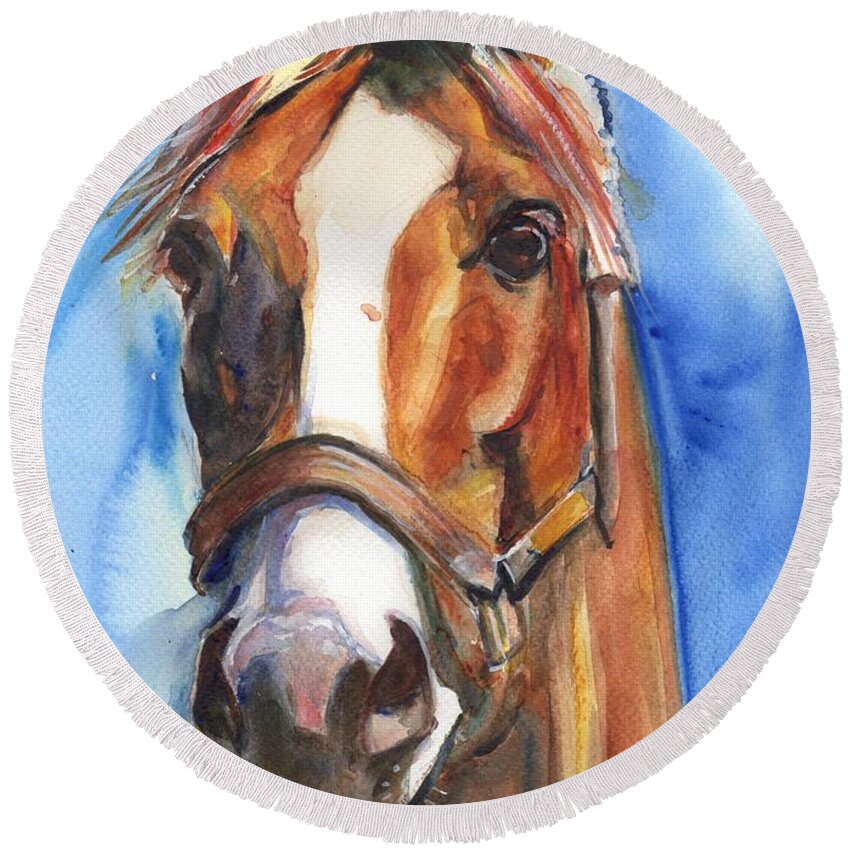 California Chrome Round Beach Towel featuring the painting Horse Painting of California Chrome Go Chrome by Maria Reichert