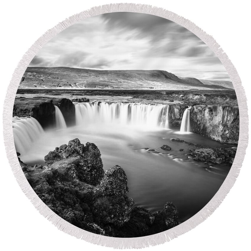 Europe Round Beach Towel featuring the photograph Godafoss waterfall BW by Alexey Stiop
