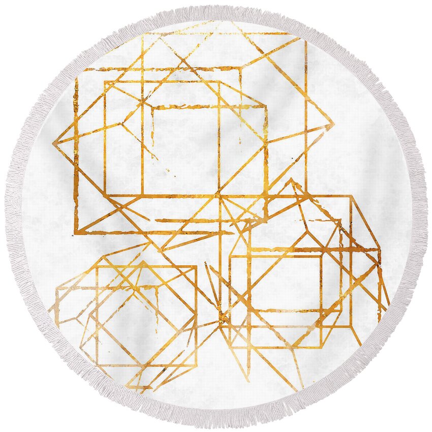 Gold Round Beach Towel featuring the digital art Gold Cubed I by South Social Studio